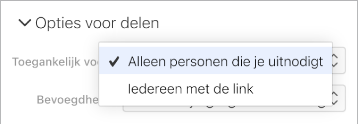 Het pop‑upmenu 'Toegankelijk voor' in 'Opties voor delen'.