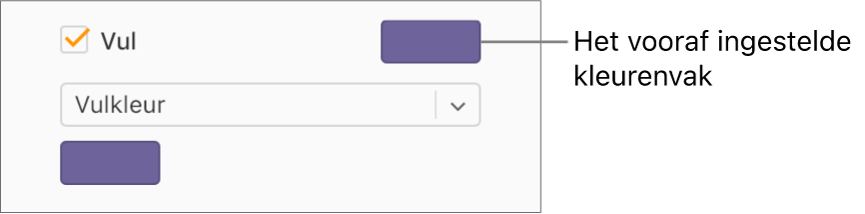 Het aankruisvak 'Vulling' is ingeschakeld en het vooraf ingestelde kleurenvak rechts van het aankruisvak is gevuld met paars. Onder het aankruisvak is 'Vulkleur' geselecteerd in het pop‑upmenu.