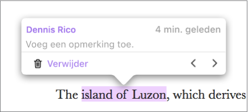 Bepaalde tekst wordt gemarkeerd in een document; en de naam van de persoon die de markering heeft toegevoegd en het tijdstip waarop dit gebeurde wordt weergegeven.