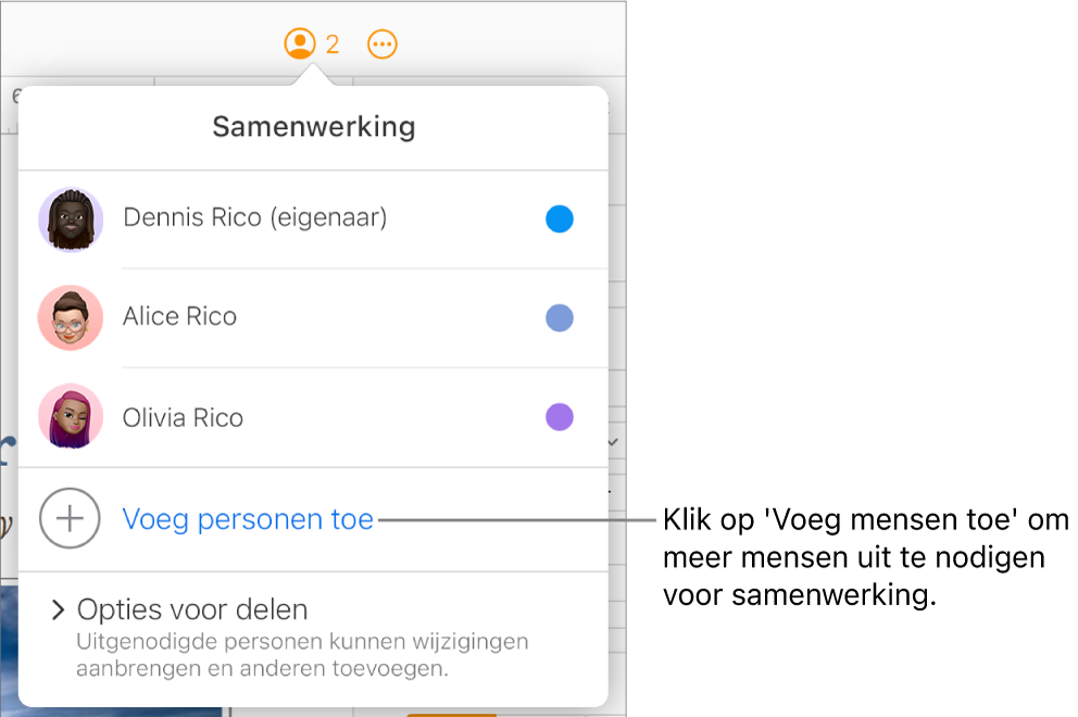 Het geopende samenwerkingsmenu met de optie 'Voeg mensen toe' onder de lijst met deelnemers.