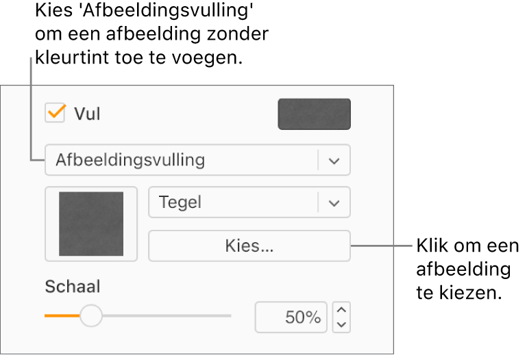 Het aankruisvak 'Vulling' is geselecteerd in de navigatiekolom en 'Afbeeldingsvulling' is gekozen in het pop‑upmenu onder het aankruisvak. Onder het pop‑upmenu staan regelaars voor het kiezen van een afbeelding, hoe deze het object vult en de schaal van de afbeelding. Er wordt een voorbeeld van de afbeeldingsvulling weergegeven in het vierkant (nadat je een afbeelding hebt geselecteerd).