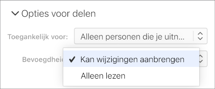 Het pop‑upmenu 'Bevoegdheid' onder 'Opties voor delen' is geopend, met opties om in te stellen dat anderen wijzigingen in een document kunnen aanbrengen of het alleen kunnen bekijken.