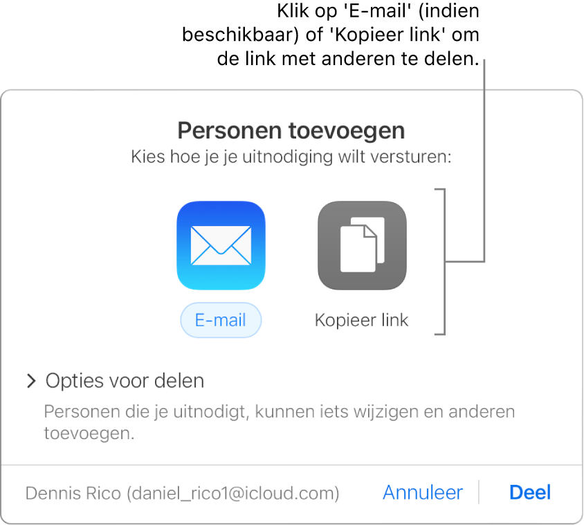 Het venster dat verschijnt als je op de knop 'Samenwerking' in de knoppenbalk klikt (voordat een document wordt gedeeld). Met de knoppen 'E-mail' en 'Kopieer link' kun je kiezen hoe je het document wilt delen.