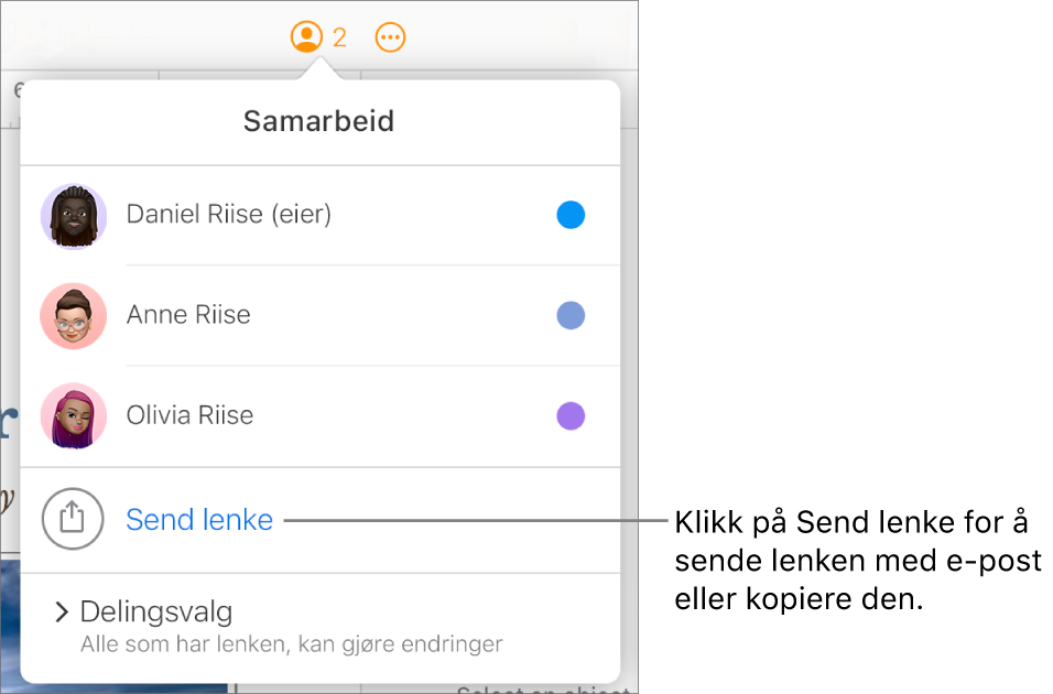 Samarbeid-menyen er åpen, og valget Send lenke vises under deltakerlisten.