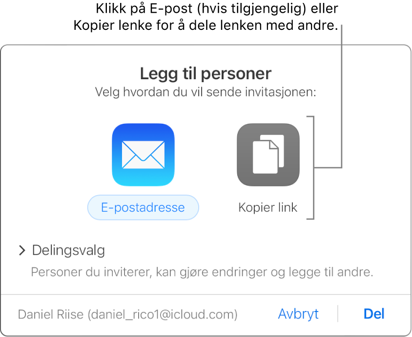 Vinduet som vises når du klikker på Samarbeid-knappen på verktøylinjen (før et dokument deles). Du kan bruke E-post- og Kopier kobling-knappene for å velge hvordan du vil dele dokumentet.