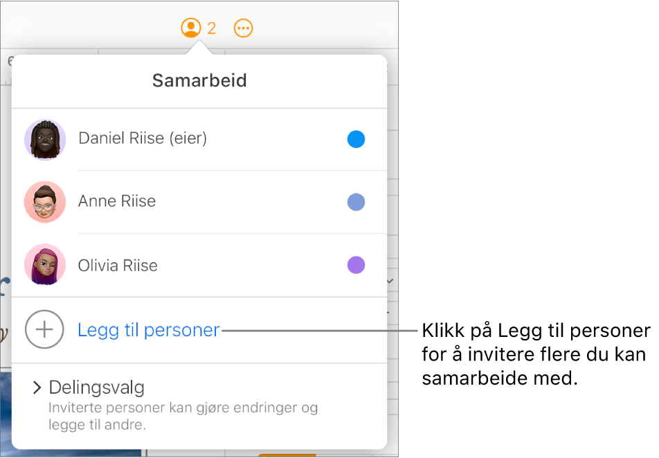 Samarbeid-menyen er åpen, og valget Legg til personer vises under deltakerlisten.