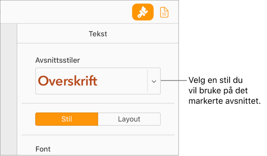 Avsnittsstil-lokalmenyen i Format-sidepanelet. Topptekst-avsnittsstilen i en rød, fet font er valgt.