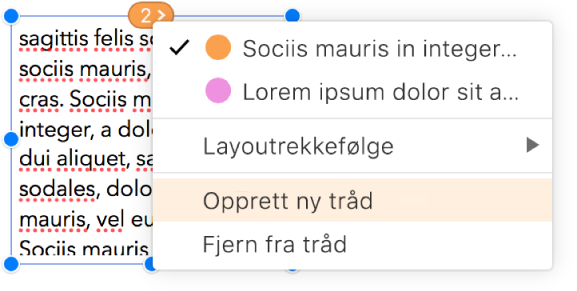 Den andre tekstruten i en tråd er valgt, og en lokalmeny ved siden av sirkelen øverst i tekstruten er åpen. I lokalmenyen er menyelementet Opprett ny tråd valgt.