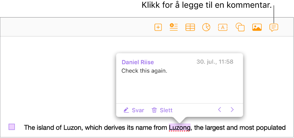 En kommentar er lagt til i tekst i et dokument; teksten er uthevet, og en firkantet markør vises i venstre dokumentmarg.
