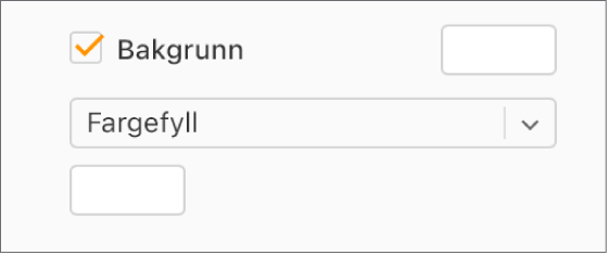 Det er krysset av i Bakgrunn-ruten i sidepanelet, og det forhåndsinnstilte fargefeltet til høyre for avkrysningsruten er fylt med hvit. Under avkrysningsruten er Fargefyll valgt i en lokalmeny, og under der igjen er feltet for tilpasset farge fylt med hvit.