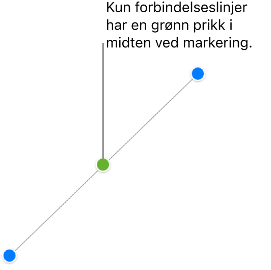 En rett forbindelseslinje er valgt; blå markeringshåndtak vises i hver endre, og en grønn prikk i midten.
