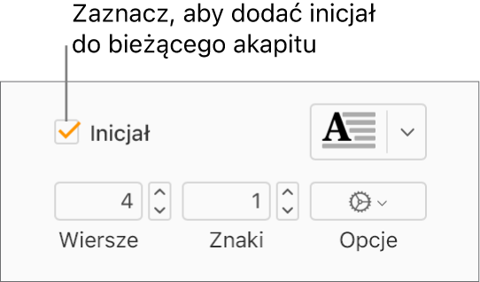 Zaznaczone pole wyboru Inicjał oraz menu podręczne widoczne po jego prawej stronie. Poniżej znajdują się narzędzia umożliwiające ustawianie liczby obejmowanych wierszy, liczby znaków inicjału oraz innych opcji.