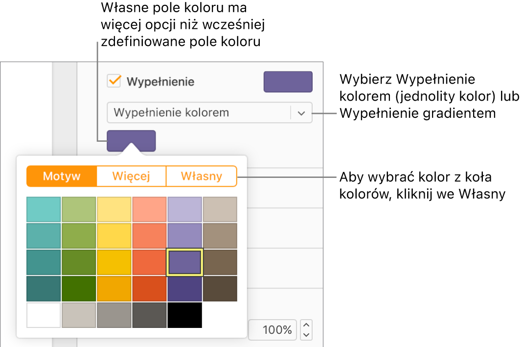 W menu podręcznym pod polem wyboru Wypełnienie jest wybrana opcja Wypełnienie kolorem, a pod menu podręcznym widoczne jest pole koloru z dodatkowymi opcjami wypełniania kolorem.