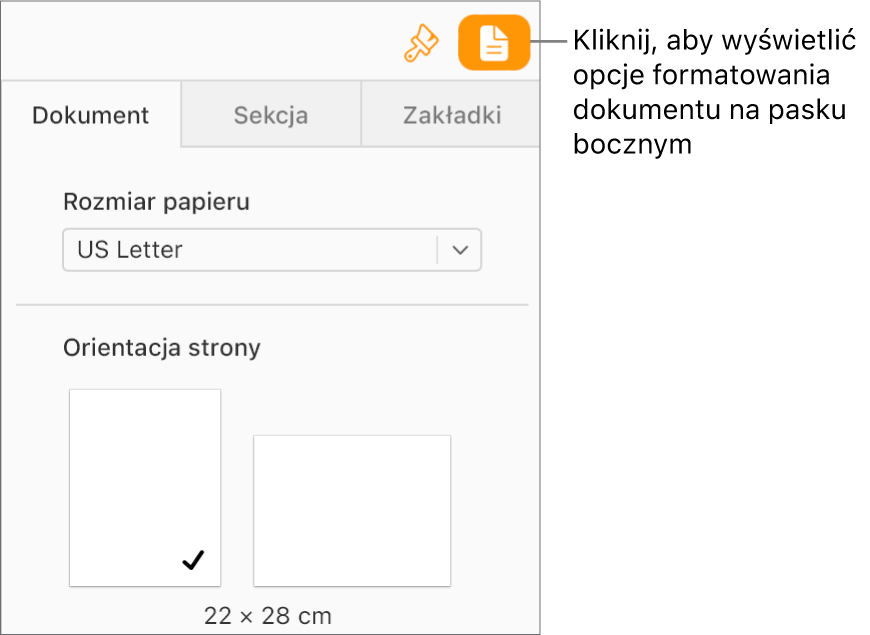 Na pasku narzędzi wybrany jest przycisk Dokument, a na karcie Dokument na pasku bocznym wyświetlane są narzędzia do zmiany rozmiaru i orientacji papieru.