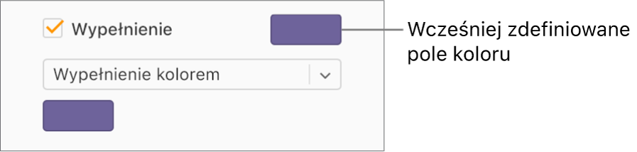 Pole wyboru Wypełnienie jest zaznaczone, a wstępnie ustawione pole koloru z prawej strony pola wyboru jest wypełnione kolorem purpurowym. W menu podręcznym pod polem wyboru wybrana jest opcja Wypełnienie kolorem.
