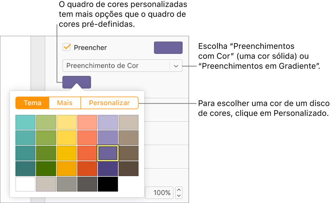 Colorido está selecionado no menu pop-up abaixo da caixa de seleção Preenchimento, e o seletor de cores abaixo do menu pop-up mostra opções adicionais de preenchimento de cor.