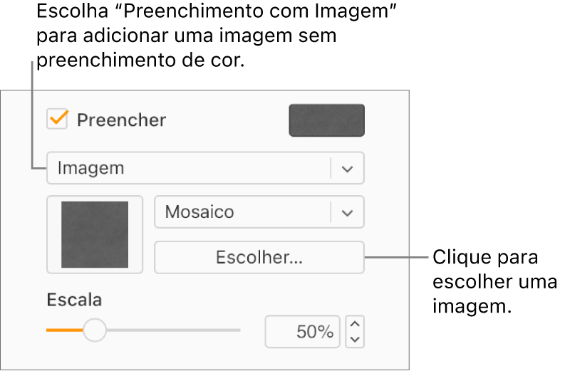 A caixa de seleção Preenchimento é marcada na barra lateral e o Preenchimento de imagem é escolhido no menu pop-up abaixo da caixa de seleção. Controles para escolher a imagem, como ela preenche o objeto e a escala dela são exibidos abaixo do menu pop-up. Uma pré-visualização do preenchimento com imagem aparece no quadrado (depois que uma imagem é escolhida).