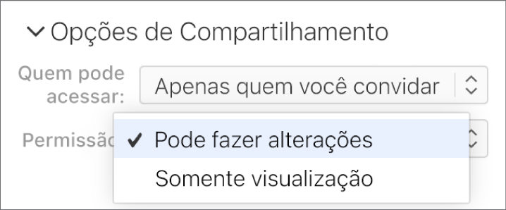 o menu pop-up Permissão abaixo de Opções de Compartilhamento está aberto, com opções que permitem que as pessoas façam alterações no documento ou apenas o visualizem.