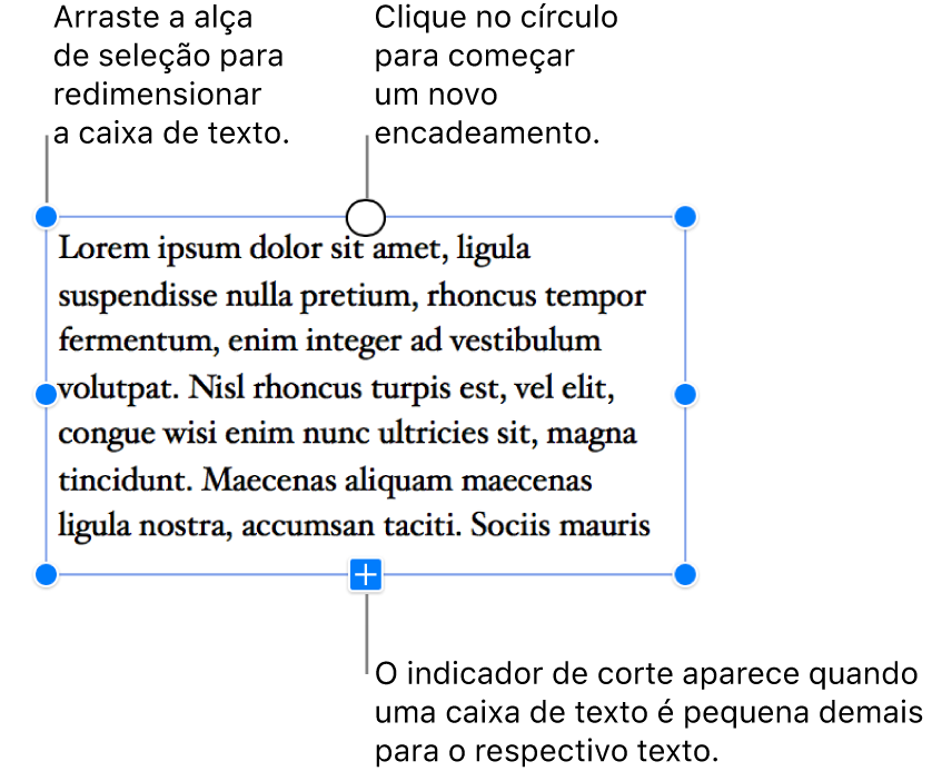 Uma caixa de texto com alças de seleção azuis em torno dela para mostrar que está selecionada, um indicador de recorte na parte inferior para indicar que há texto excedente e um círculo na parte superior no qual você pode clicar para iniciar um novo thread.