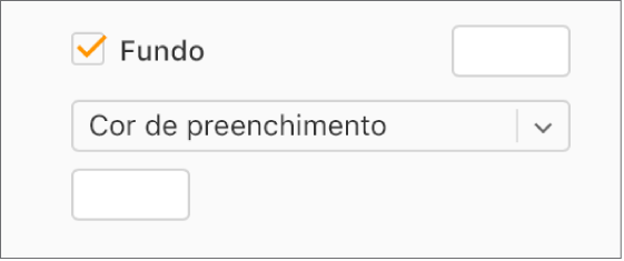 A opção "Fundo” está assinalada na barra lateral e a paleta de cores predefinida, à direita da opção assinalável, está preenchida a branco. Sob a opção assinalável, a opção "Preenchimento de cor” está selecionada no menu pop-up e, por baixo, a paleta de cores personalizada está preenchida a branco.