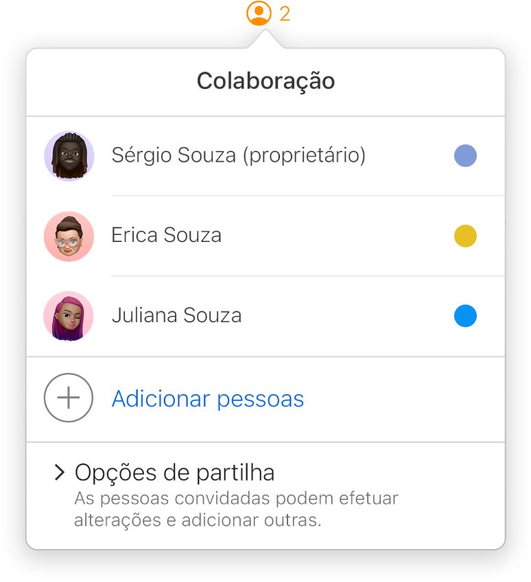 O menu Colaboração a apresentar os nomes das pessoas que estão a colaborar no documento. As opções de partilha estão por baixo dos nomes.