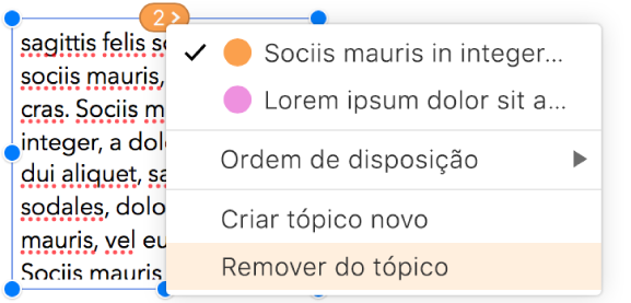 A segunda caixa de texto num tópico é selecionada e um menu pop-up de texto junto ao círculo na parte superior da caixa de texto é aberto. No menu pop-up, o item de menu "Remover do tópico” é selecionado.