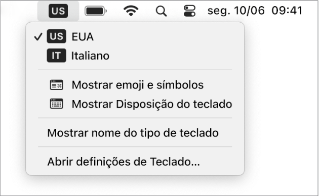 O menu Tipo de teclado no canto superior direito da barra de menus está aberto e apresenta o número de idiomas disponíveis, os itens do menu que permitem abrir os emoji e símbolos, a disposição do teclado, e muito mais.