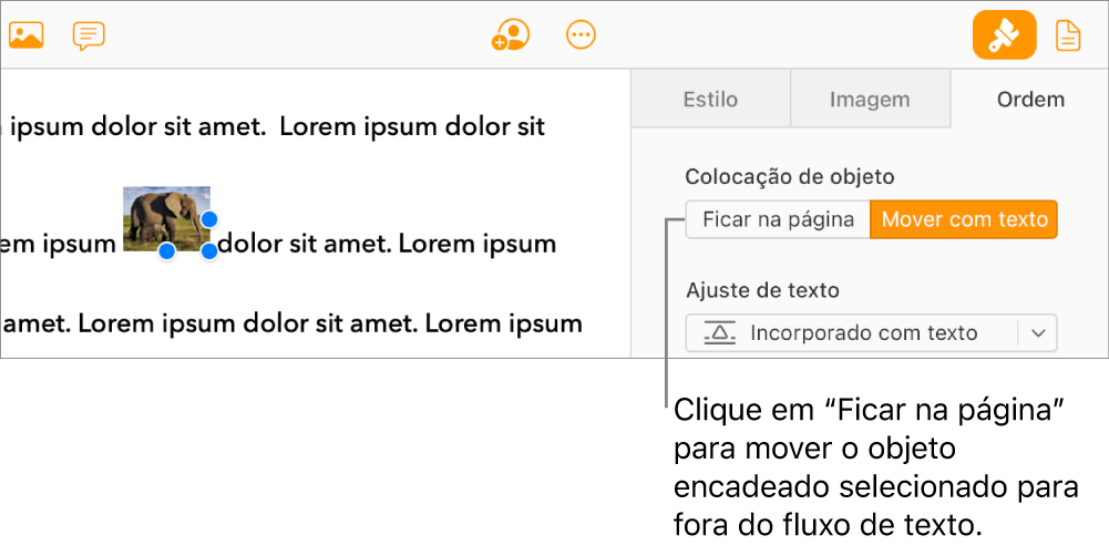 Uma imagem incorporada no corpo do documento está selecionada e o botão “Ficar na página” está visível no separador "Ordem” na barra lateral.