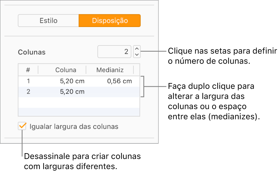 Os controlos da coluna de texto na secção “Disposição” da barra lateral “Formatação”.