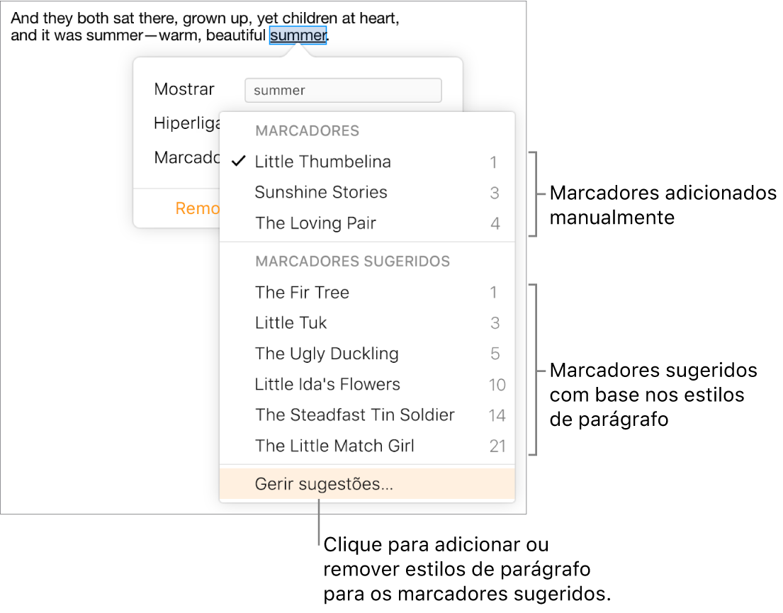 A lista “Marcadores” com marcadores adicionados manualmente na parte superior e marcadores sugeridos na parte inferior. A opção "Gerir sugestões” está selecionada na parte inferior do menu pop-up.