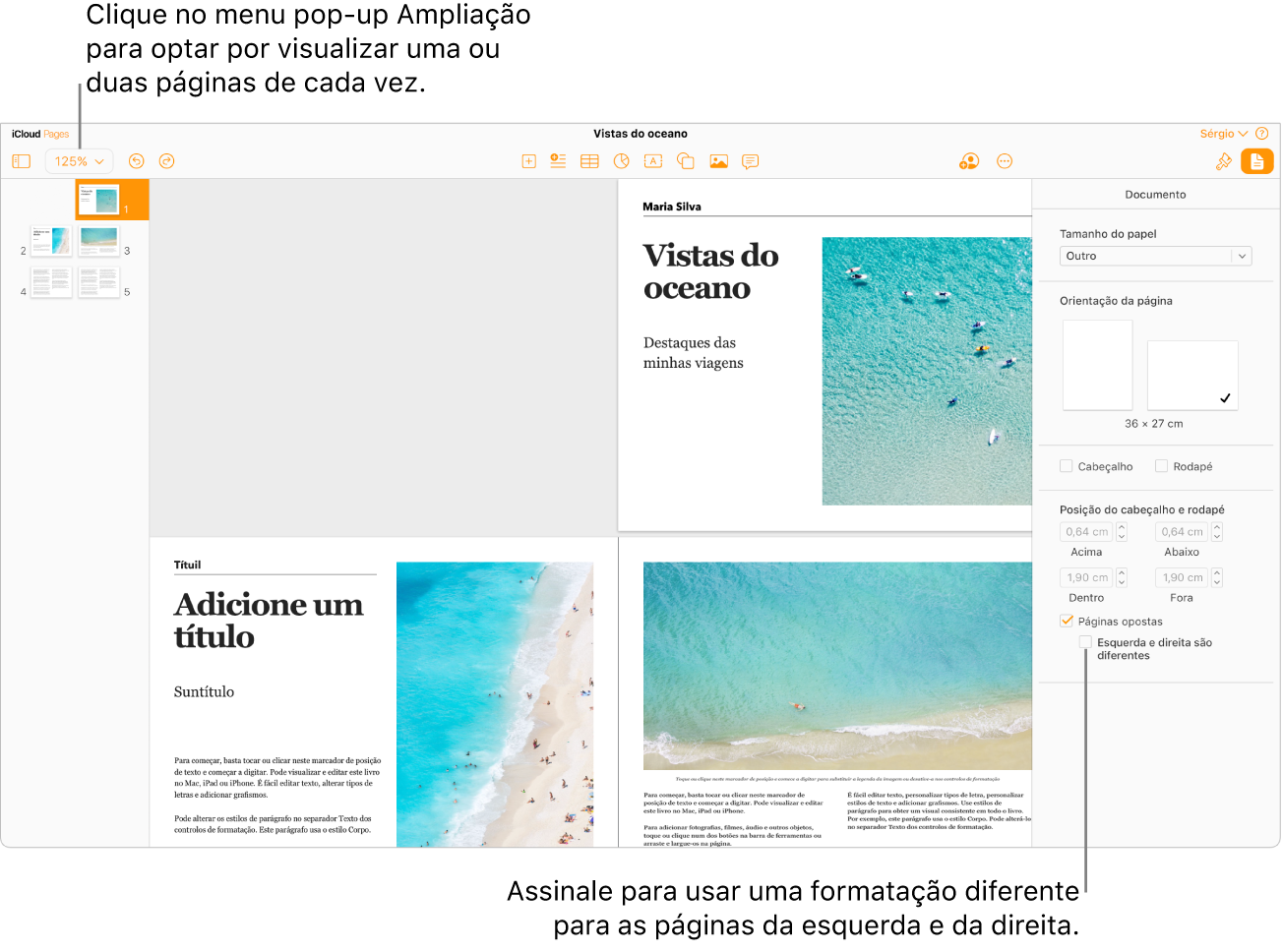 A janela Pages para iCloud com as páginas do documento e miniaturas das páginas visualizadas como duas páginas. Na barra lateral "Documento”, à direita, a opção “Páginas esquerda e direita diferentes” não está assinalada.