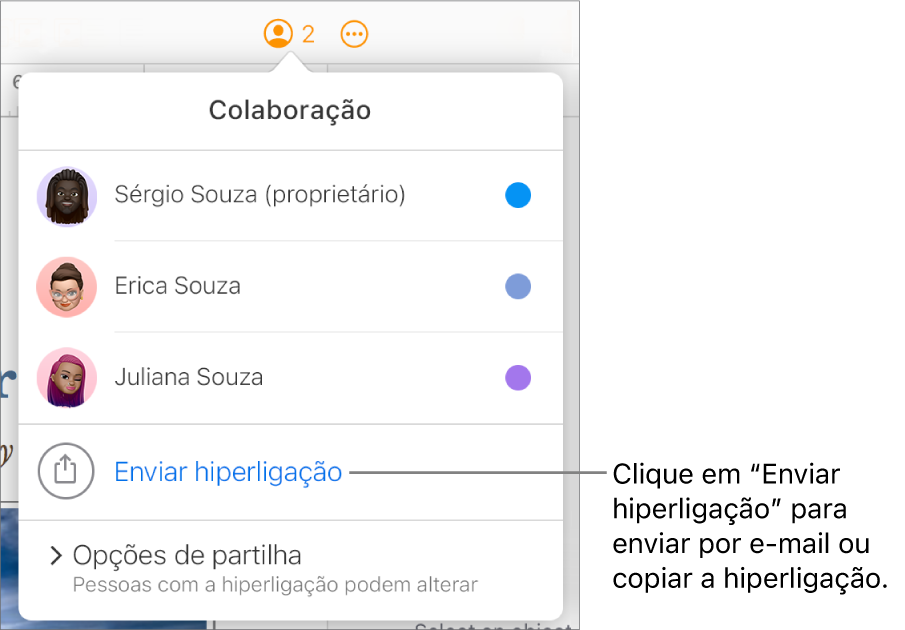 O menu Colaboração abre-se, com a opção "Enviar hiperligação” sob a lista de participantes.