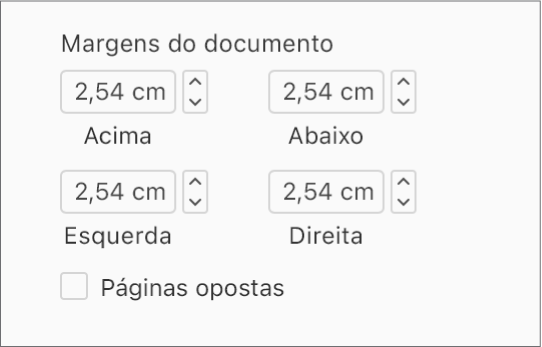 A secção “Margens do documento” da barra lateral “Documento” com controlos para definir as margens Superior, Inferior, Esquerda e Direita.