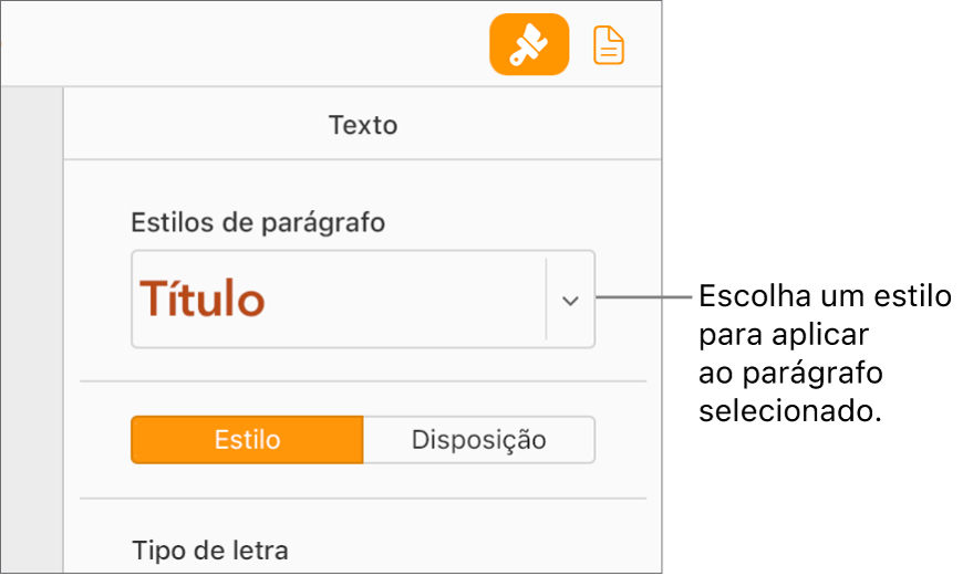 O menu pop-up “Estilos de parágrafo” na barra lateral "Formatação”. O estilo de parágrafo "Cabeçalho” com tipo de letra negrito, a vermelho, está selecionado.