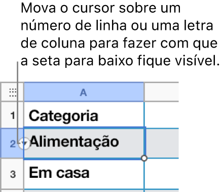 Um número de linha está selecionado na tabela e é apresentada uma seta para baixo, à direita.