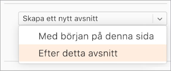 Popupmenyn Skapa ett nytt avsnitt är öppen och Efter detta avsnitt är markerat.