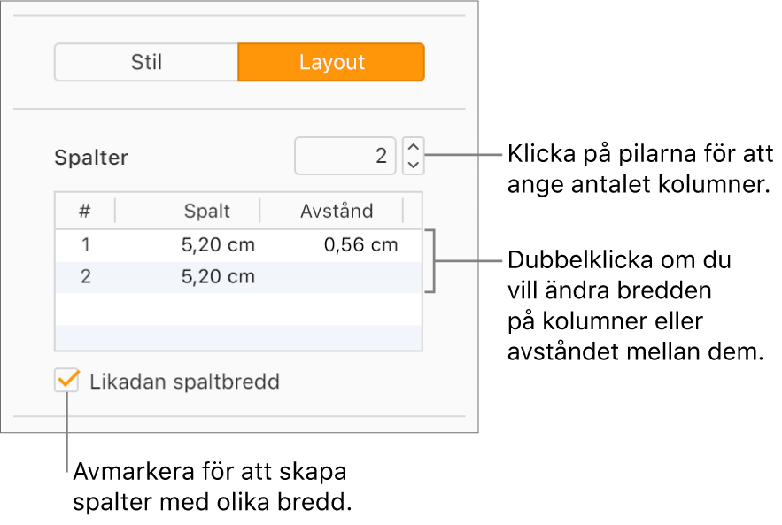 Textkolumnsreglage i Layout-delen av sidofältet Format.