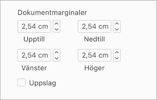 Dokumentmarginalavsnittet i dokumentsidofältet, med kontroller för att ställa in övre marginaler, nedre marginaler, vänster- och högermarginaler.