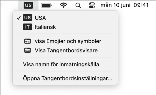 Inmatningsmenyn längst upp till höger i menyraden är öppen och visar ett antal tillgängliga språk, menyalternativ för att öppna Emojier och symboler och Tangentbordsvisare med mera.