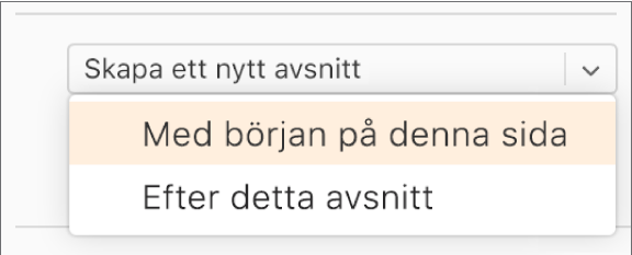 Popupmenyn Skapa ett nytt avsnitt är öppen och Med början på denna sida är markerat.