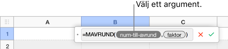 Formelredigeraren med funktionen SUMMA angiven och en pratbubbla för värdeargumentstoken.