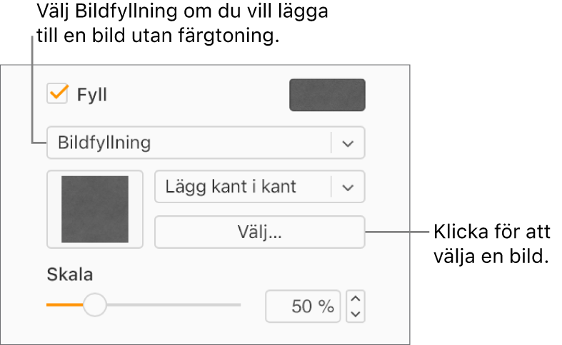 Kryssrutan Fyllning är markerad i sidofältet och Bildfyllning väljs i popupmenyn under kryssrutan. Reglage för att välja bilden, hur den fyller objektet och bildens skala visas under popupmenyn. En förhandsvisning av bildfyllningen visas i rutan (när en bild har valts).