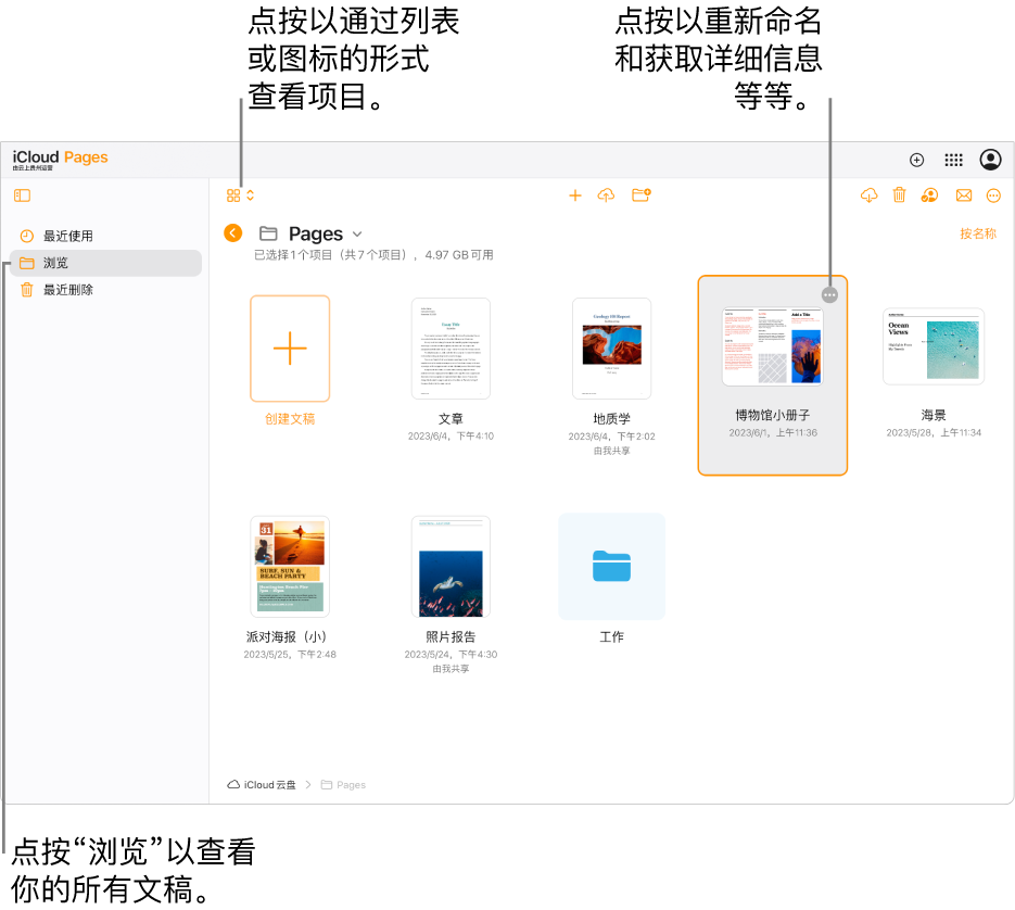 处于浏览视图的文稿管理器，在网格中以图标形式显示 Pages 文稿。在选中的文稿右上角可以看到“更多”按钮（三个圆点）。在文稿上方，工具栏左侧的弹出式菜单可用于选取以将项目显示为图标或列表。工具栏右侧的按钮可用于下载、协作、发送电子邮件或删除。