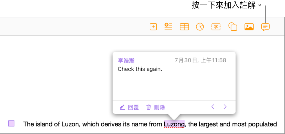 在文件部分文字加入註解後，文字將反白，並在左側頁邊出現方形標記。