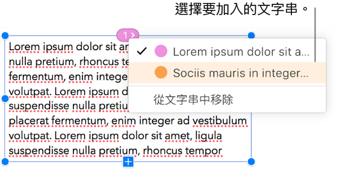 已選取文字串中的第一個文字框，最上方圓圈旁的彈出式選單已打開。在彈出式選單中，此文字框所屬的文字串旁會顯示註記符號。