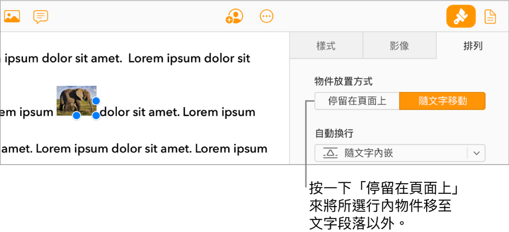 已於文件內文中選取一張內嵌影像，且可見到側邊欄中「排列」標籤頁內的「停留在頁面上」按鈕。