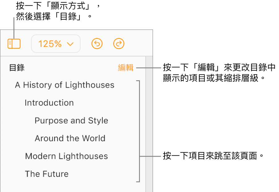 目錄於左側邊欄開啟，包含文件標題和另外五個段落標題項目。