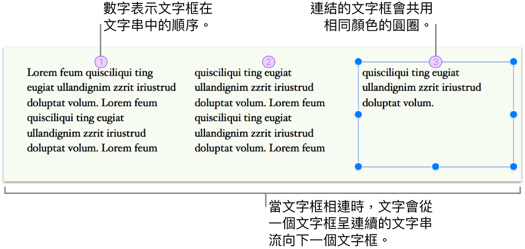 三個連結的文字框已填入文字，並在頁面上並列。每個文字框的最上方有一個含有數字的紫色圓圈，表示其在文字串中的順序。