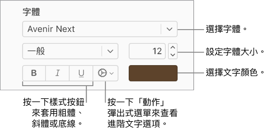 「格式」側邊欄中的字型與文字樣式控制項目。