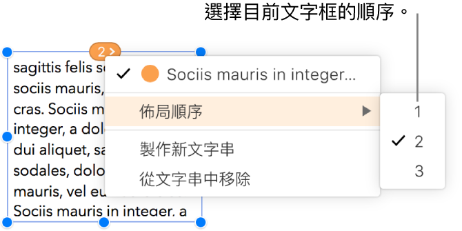 已選取一個連結的文字框，最上方圓圈旁的彈出式選單已打開。已在彈出式選單中選取「佈局順序」選單項目，且第二個彈出式選單顯示數字 1、2 及 3，而 2 的旁邊顯示註記符號，代表這是文字串中的第二個文字框。